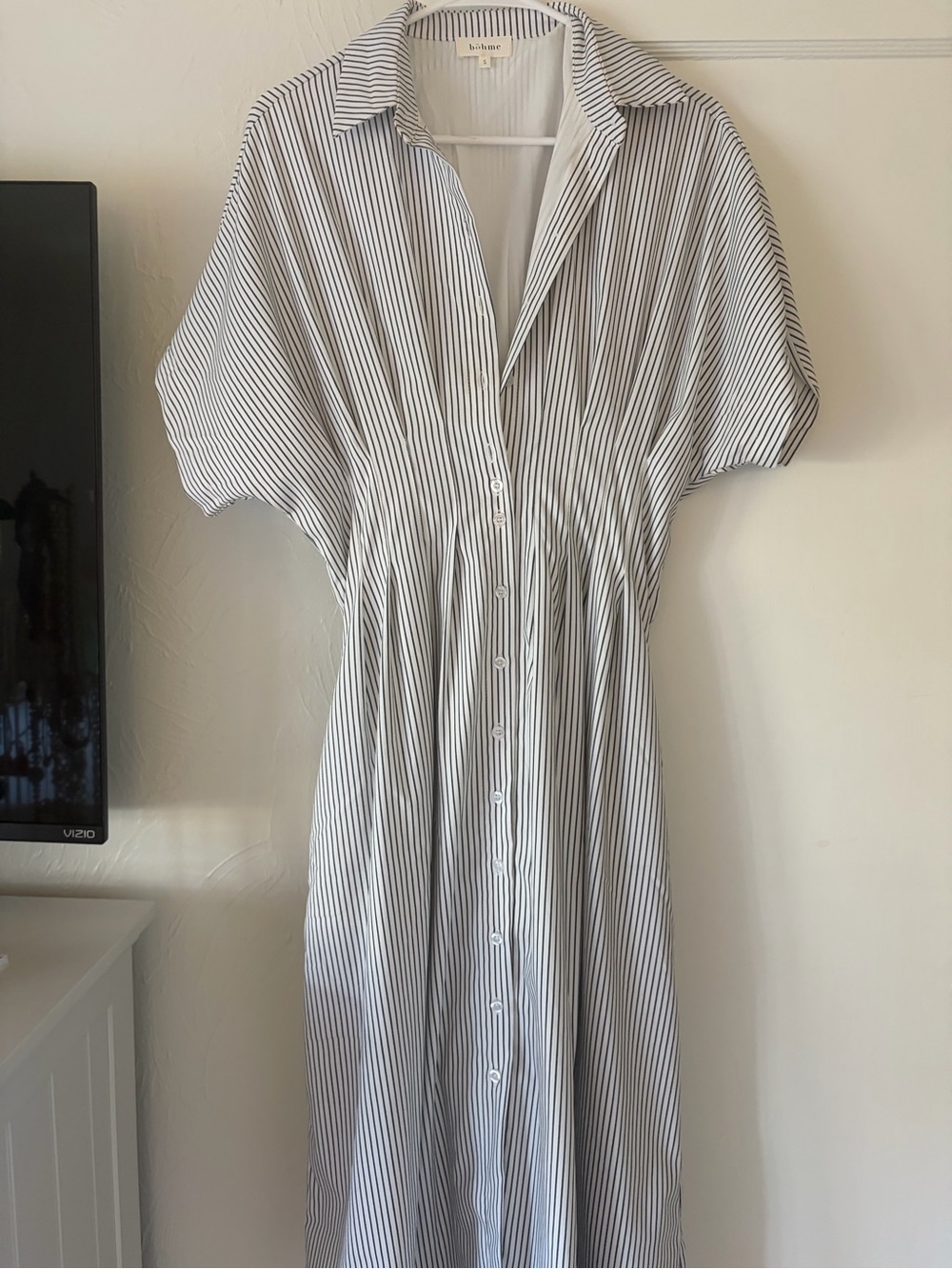 Boheme White and Black Pinstripe Button Midi Dress